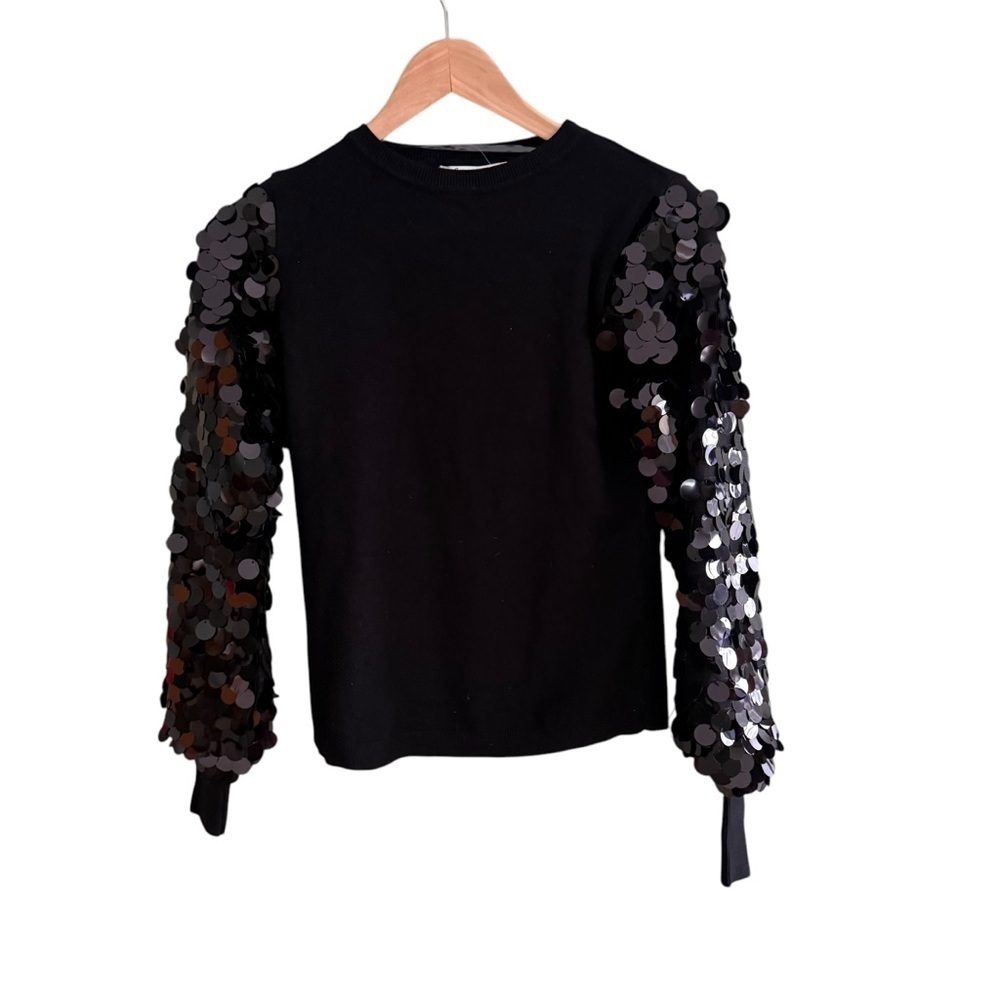 Sioni Milano Black Sequin Sleeve Crew Neck Sweater Women’s XS Party Glamour - Picture 5 of 12
